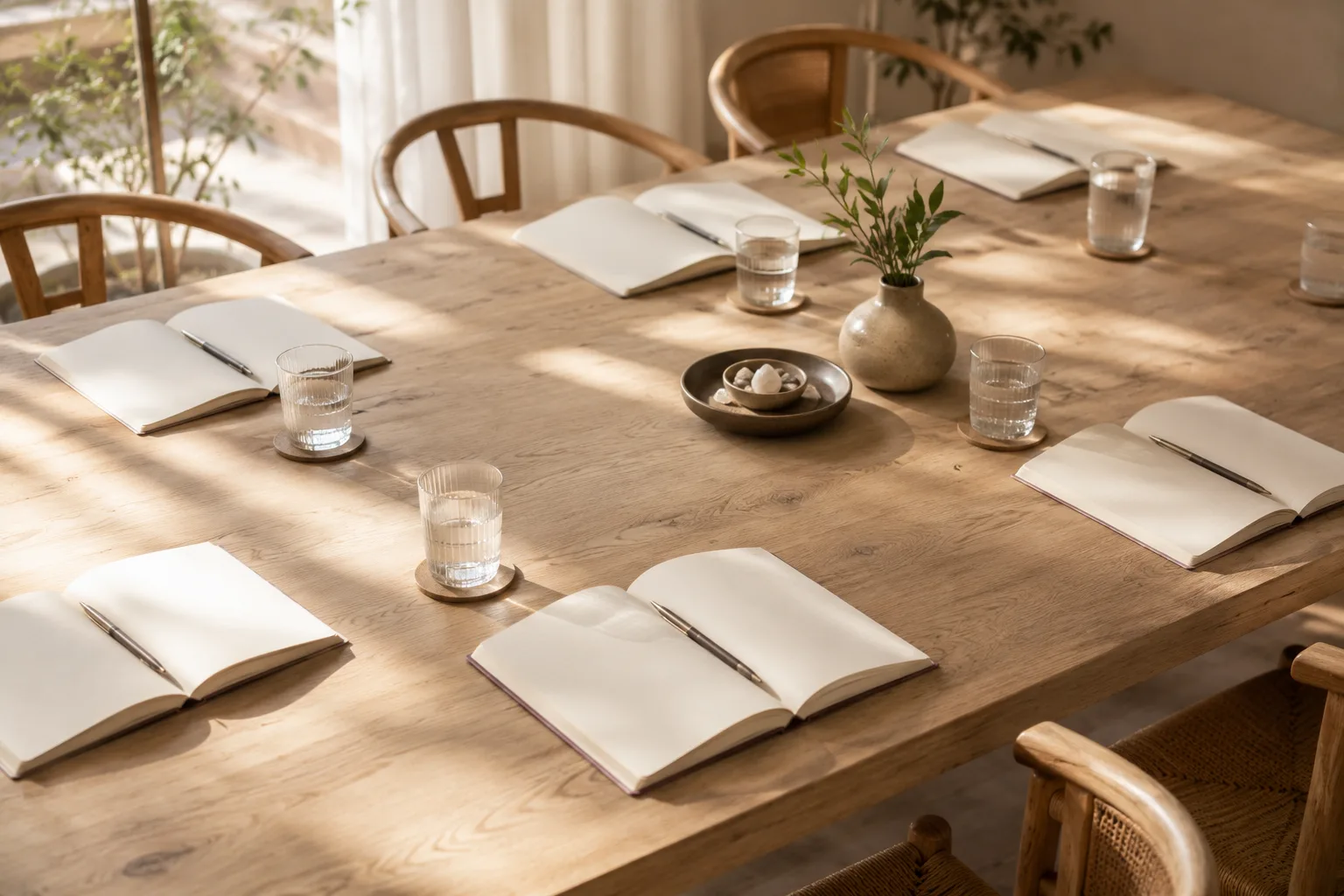 Notebooks and glasses of water on a wooden table, warm light