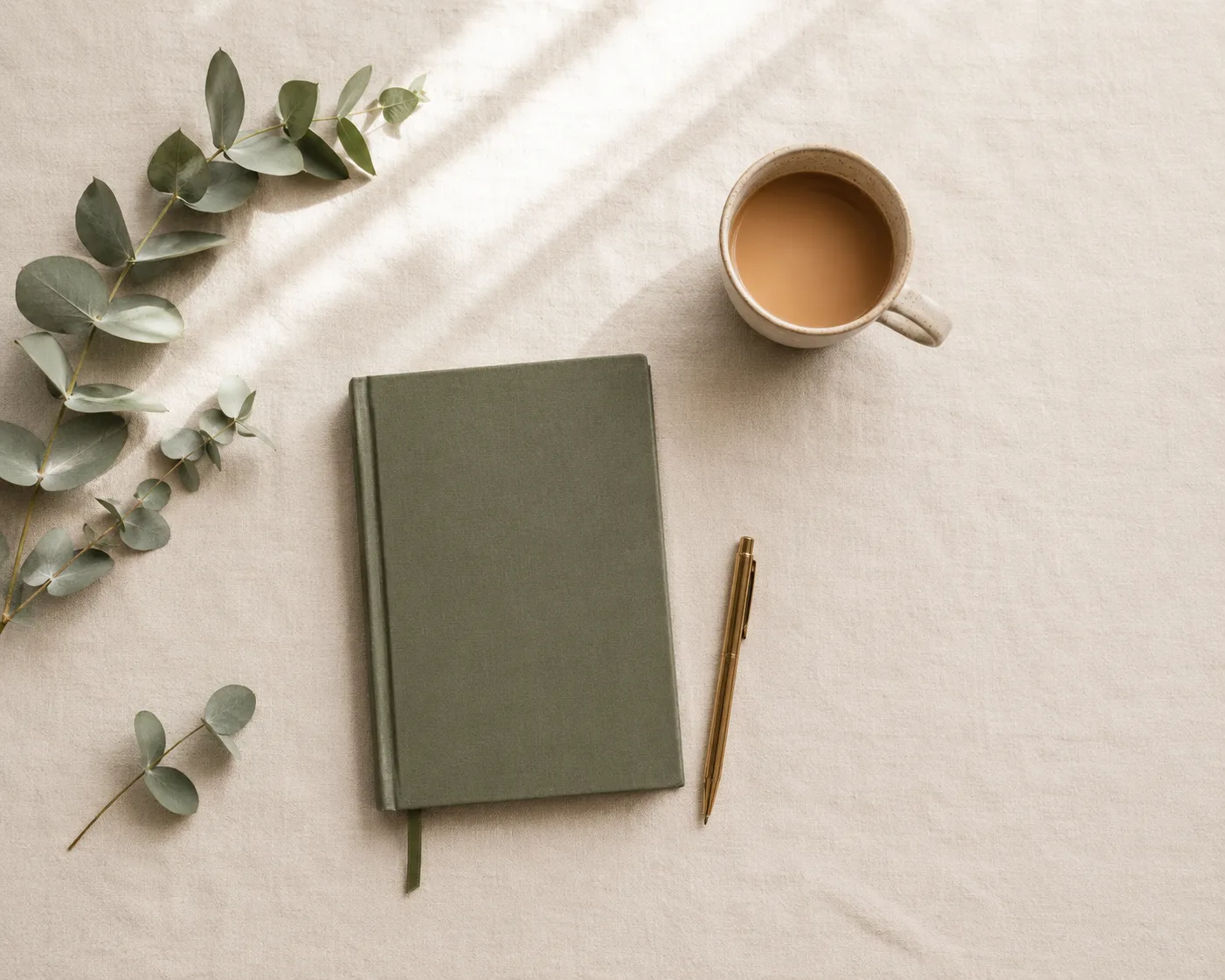 A closed journal, pen, and cup of coffee on a linen table