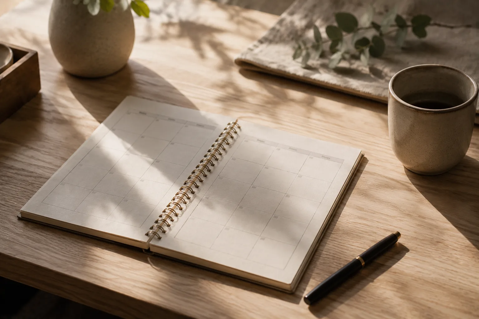 A calendar and planner on a table in warm light