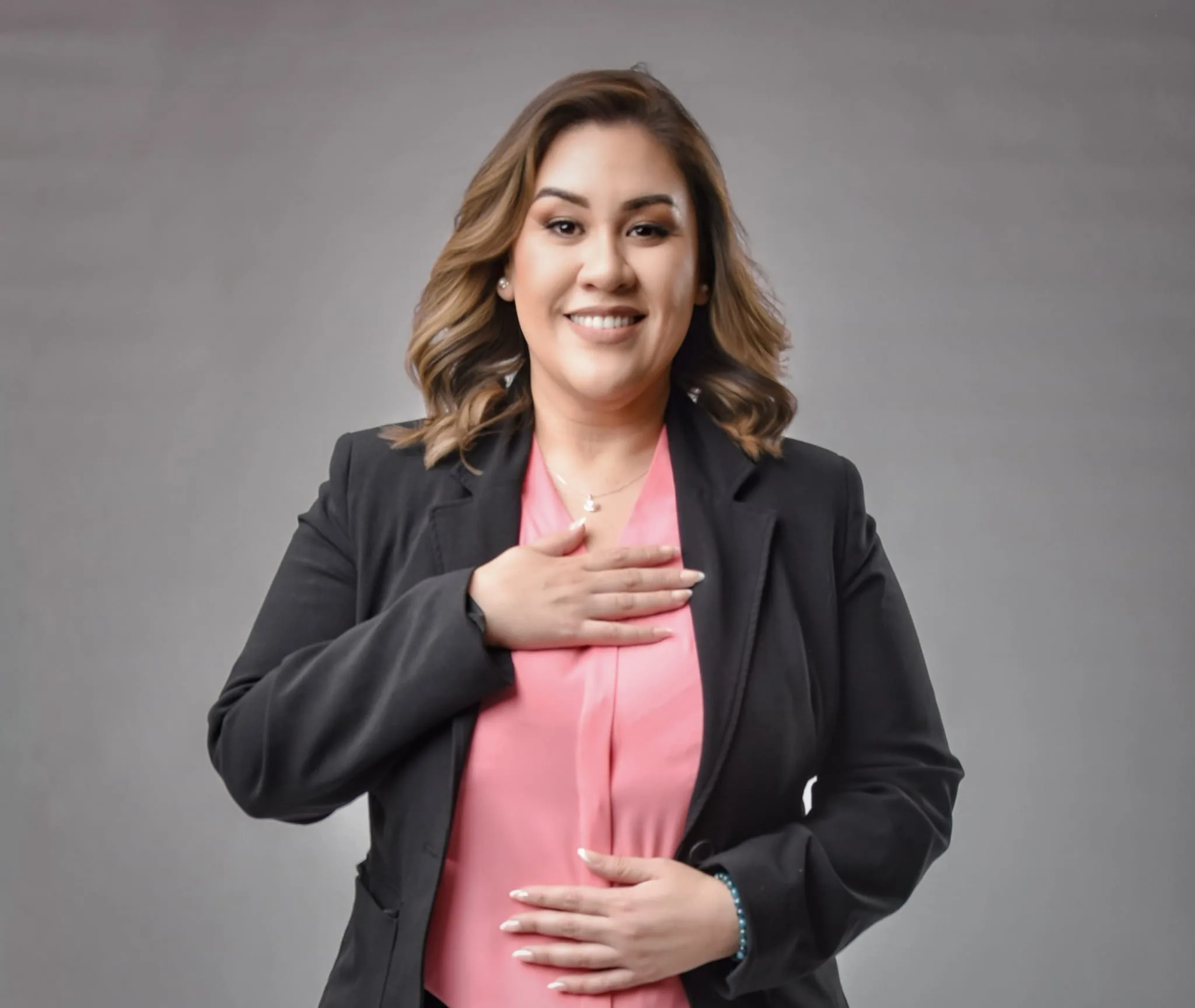 Lizet Barriga-Arroyo smiling, with her hand over her heart