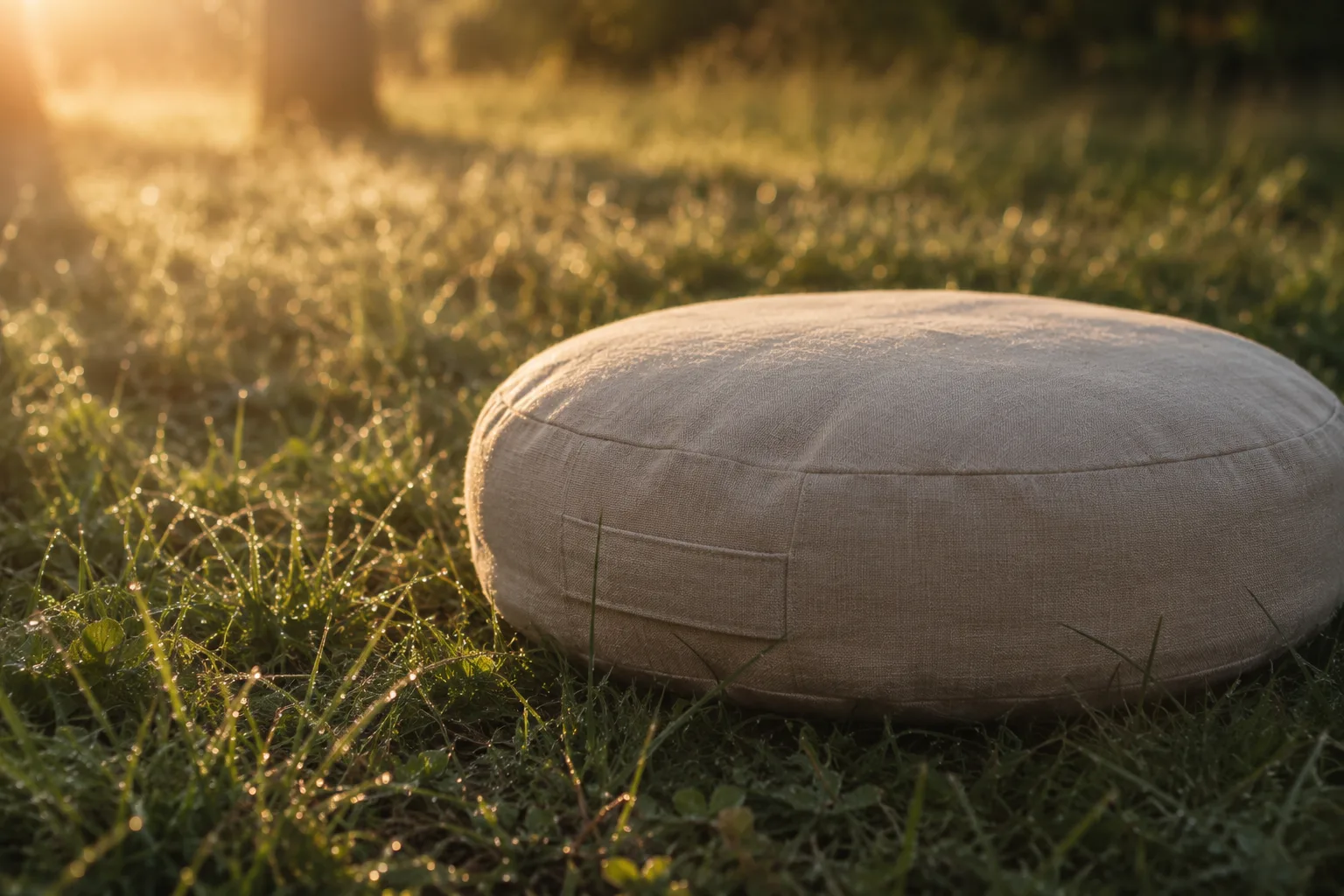 A meditation cushion on dew-covered grass at sunrise