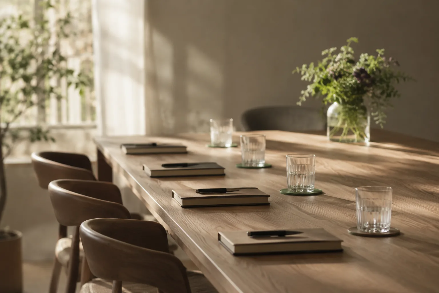 A meeting table with notebooks, glasses, and a bouquet of flowers