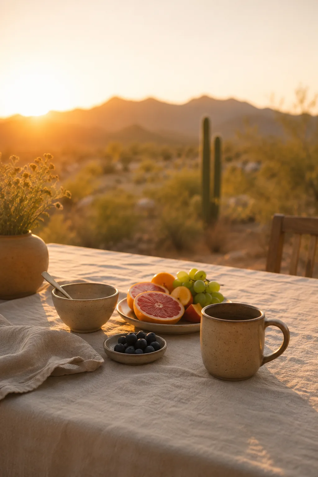 A table with fresh fruit and coffee facing a desert landscape at sunrise