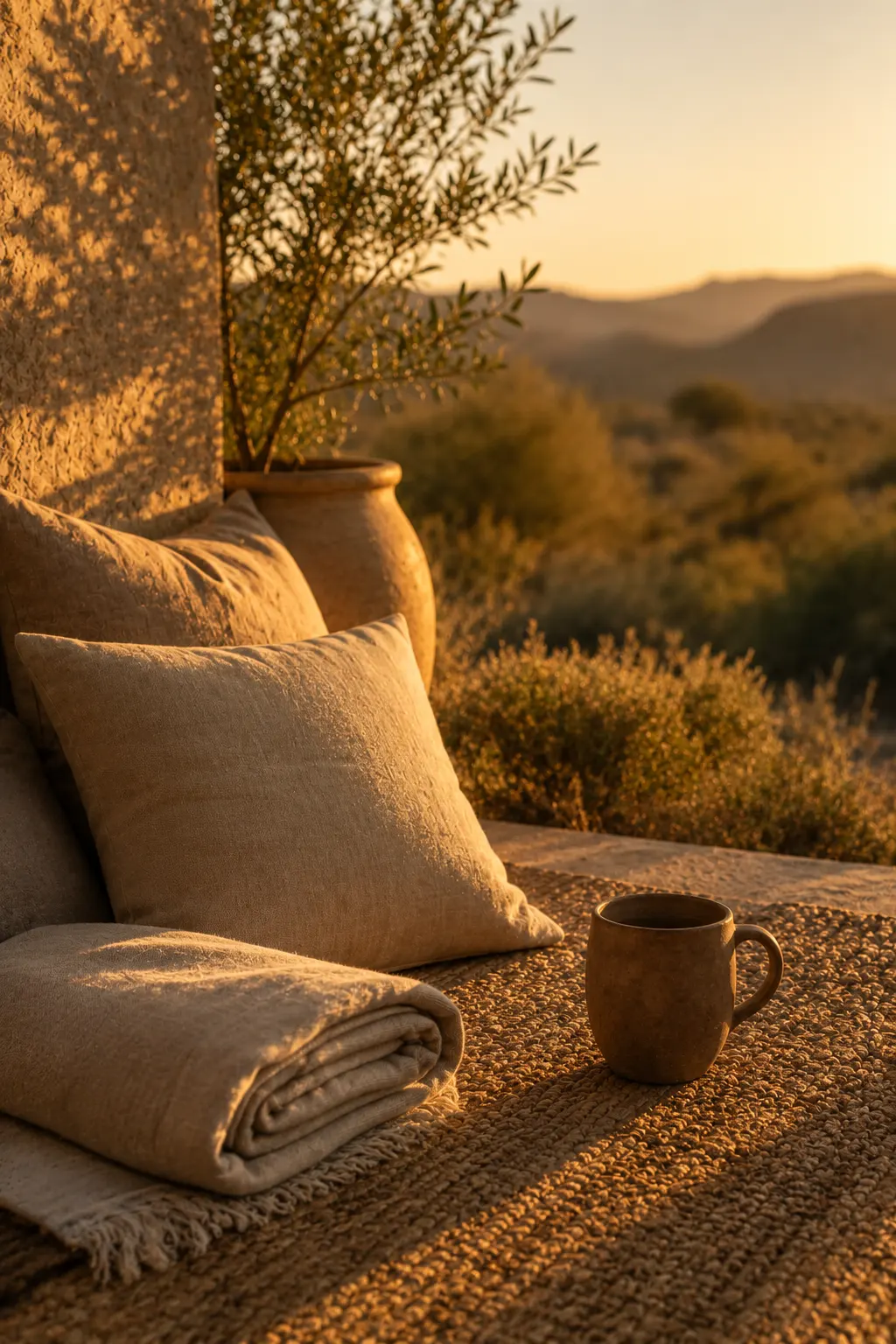 Linen cushions and a cup of coffee at sunset, overlooking the desert