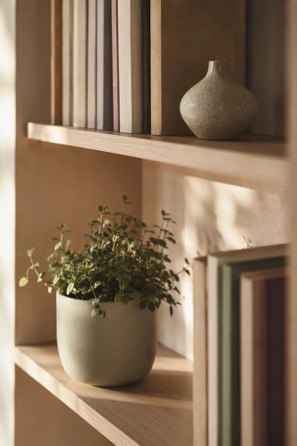 A wooden shelf with books, a plant, and a ceramic vase