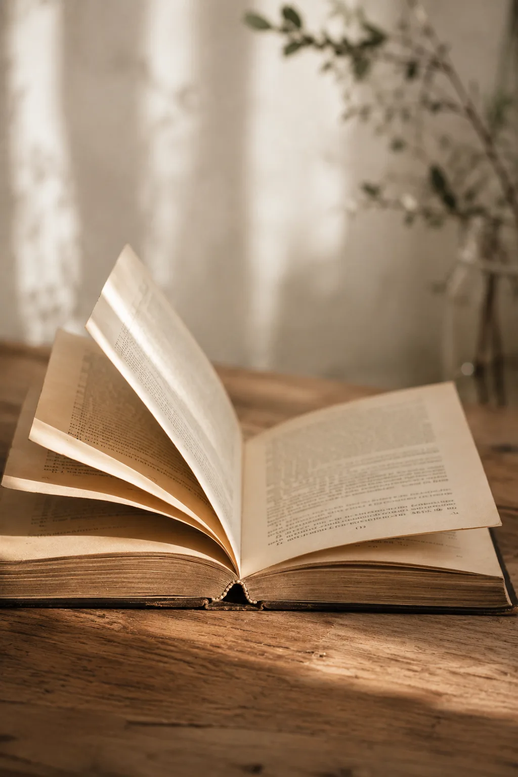 An open book on a sunlit wooden table